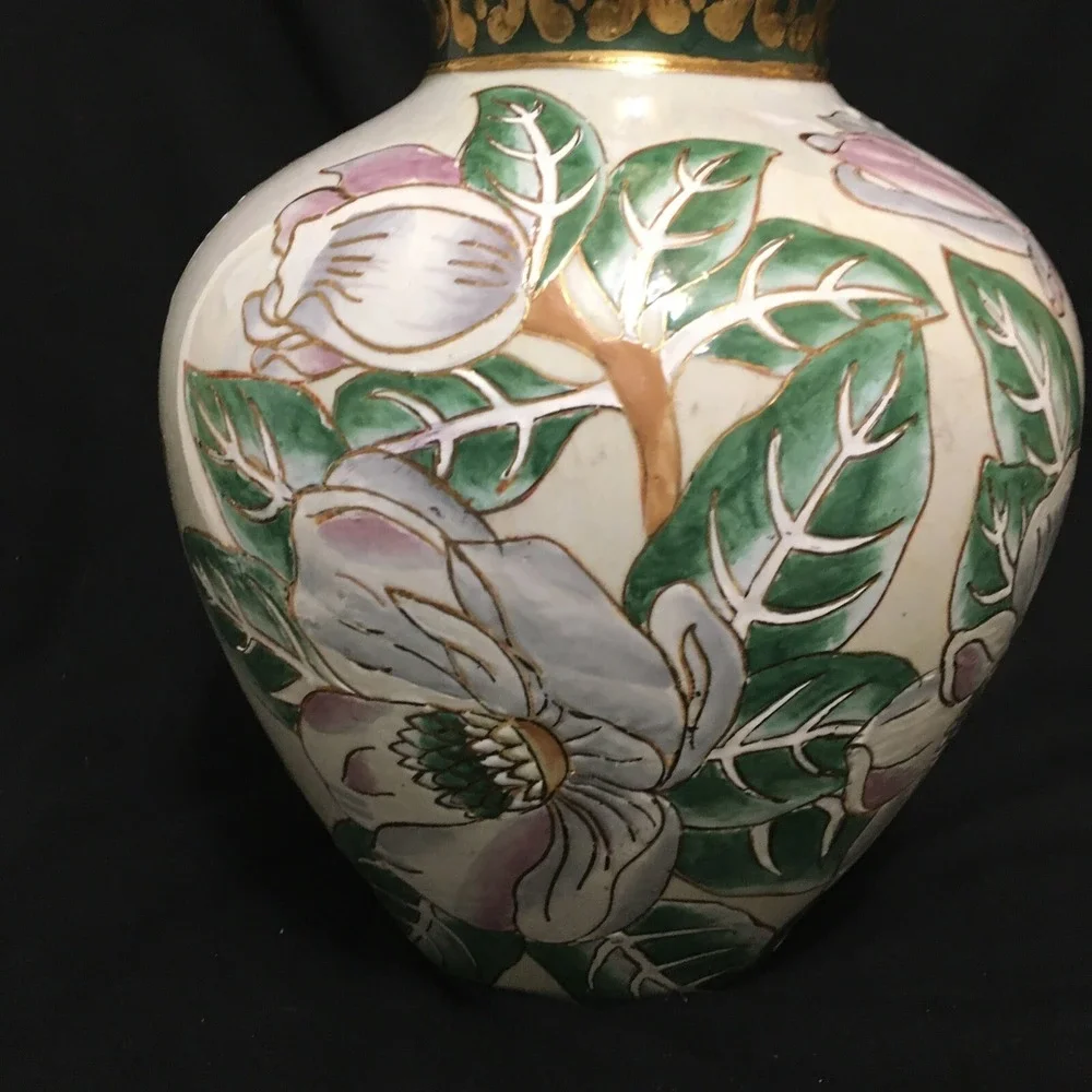 Floral Vase With  Magnolias and Gold Accents Vintage Asian Southern Style Large